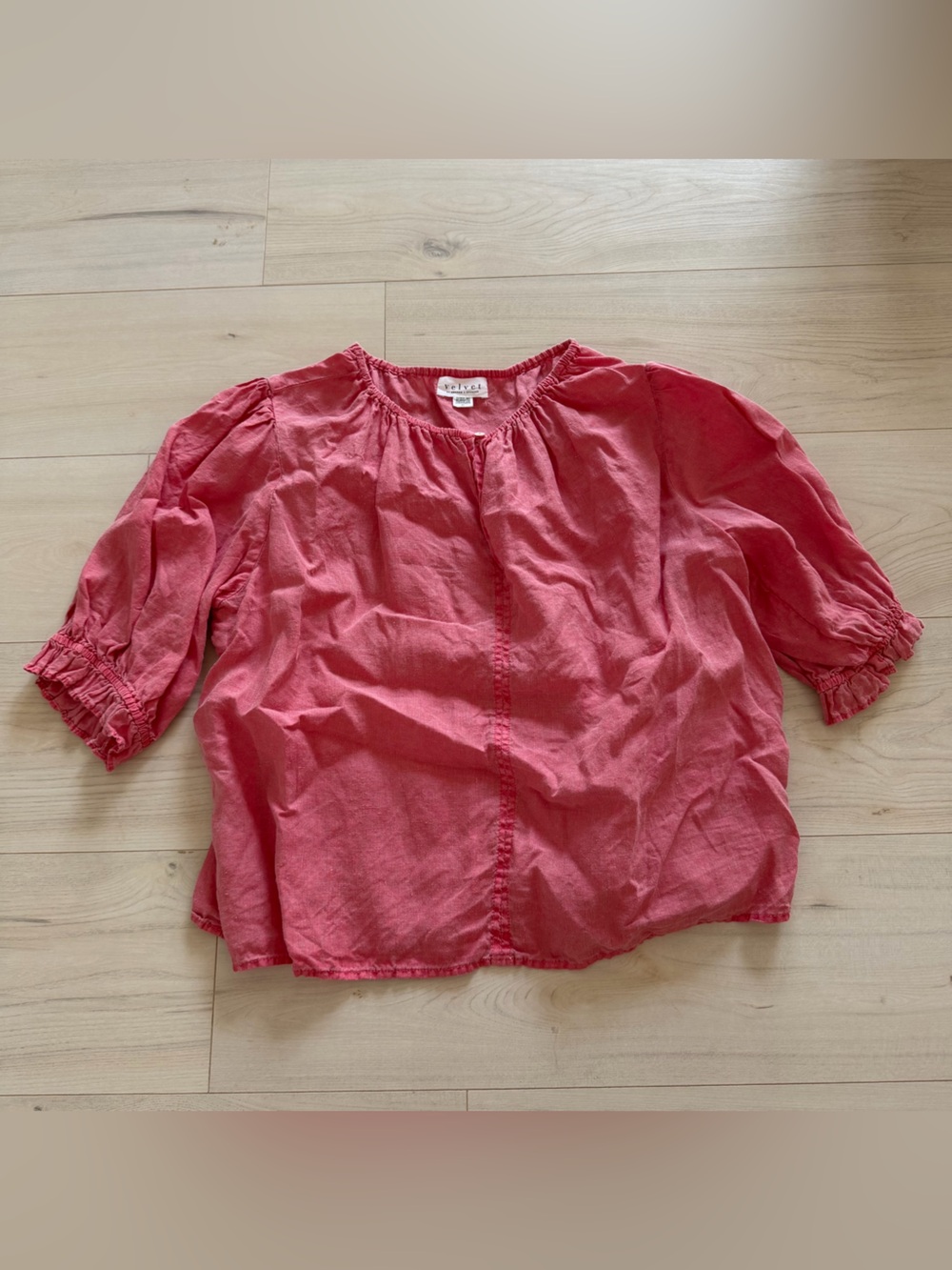 Velvet by Graham & Spencer Coral Pink Puff Sleeve Peasant Blouse